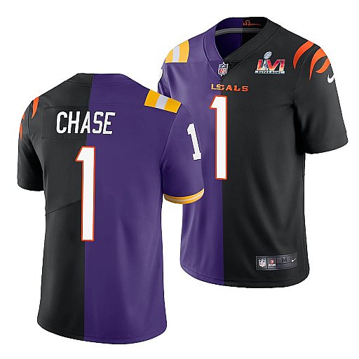 Men's Purple/Black Cincinnati Bengals #1 Ja'Marr Chase 2022 Split Super Bowl LVI Stitched Jersey